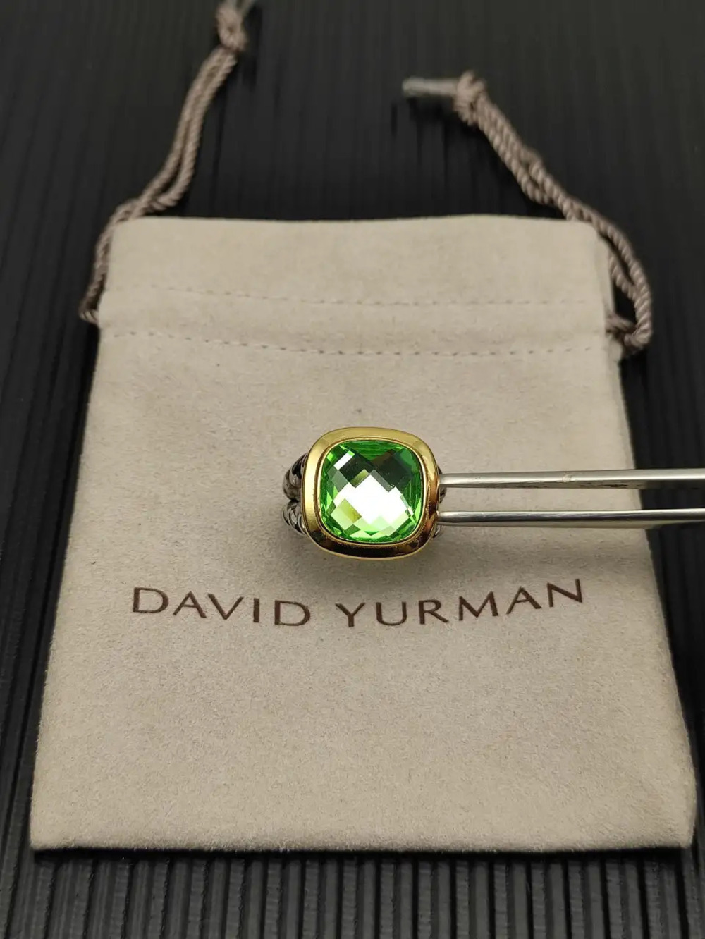 David Yurman two-tone square diamond green diamond ring